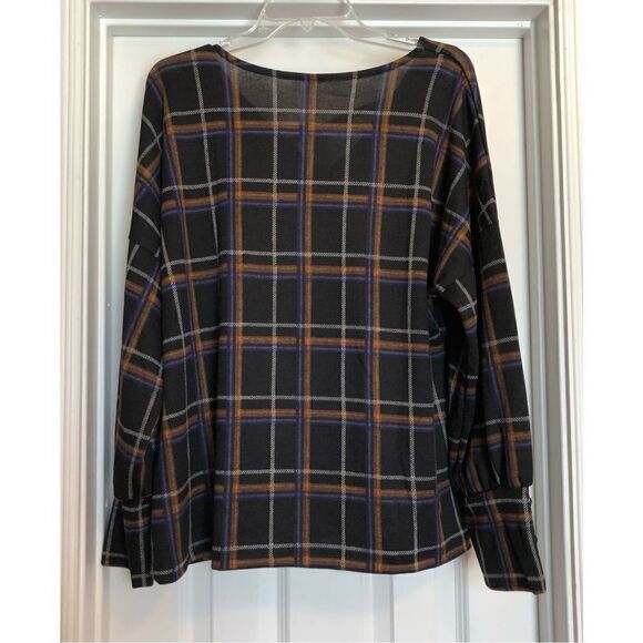 NY COLLECTION - NWT - L Sz 1X Long-Sleeve, Plaid, Cris-Cross Top w/Button Cuffs - Picture 7 of 15